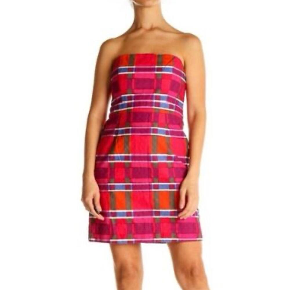Women's Banana Republic Red Pink Plaid Strapless A-Line Dress Size 6 - Picture 1 of 11